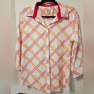 Chico's White Button-Down Shirt with Pink and Yellow Plaid